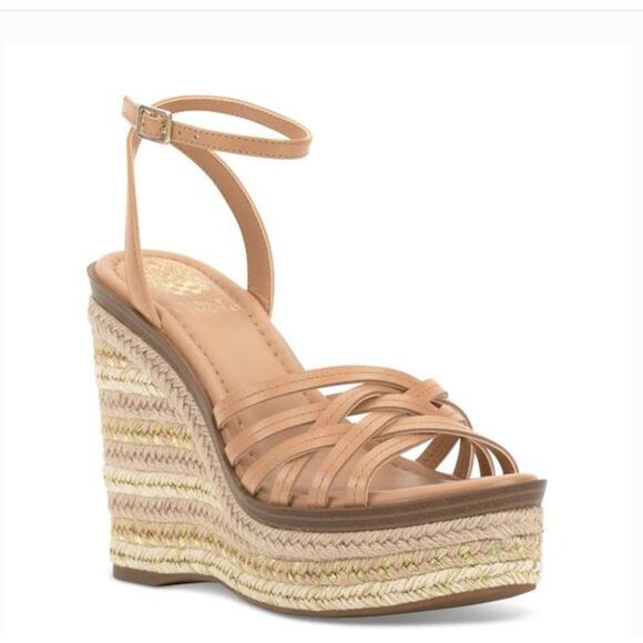 Vince Camuto Parys Espadrille Wedge Sandals 11 NWOT Tan Gold Travel Beach Resort - Picture 1 of 5